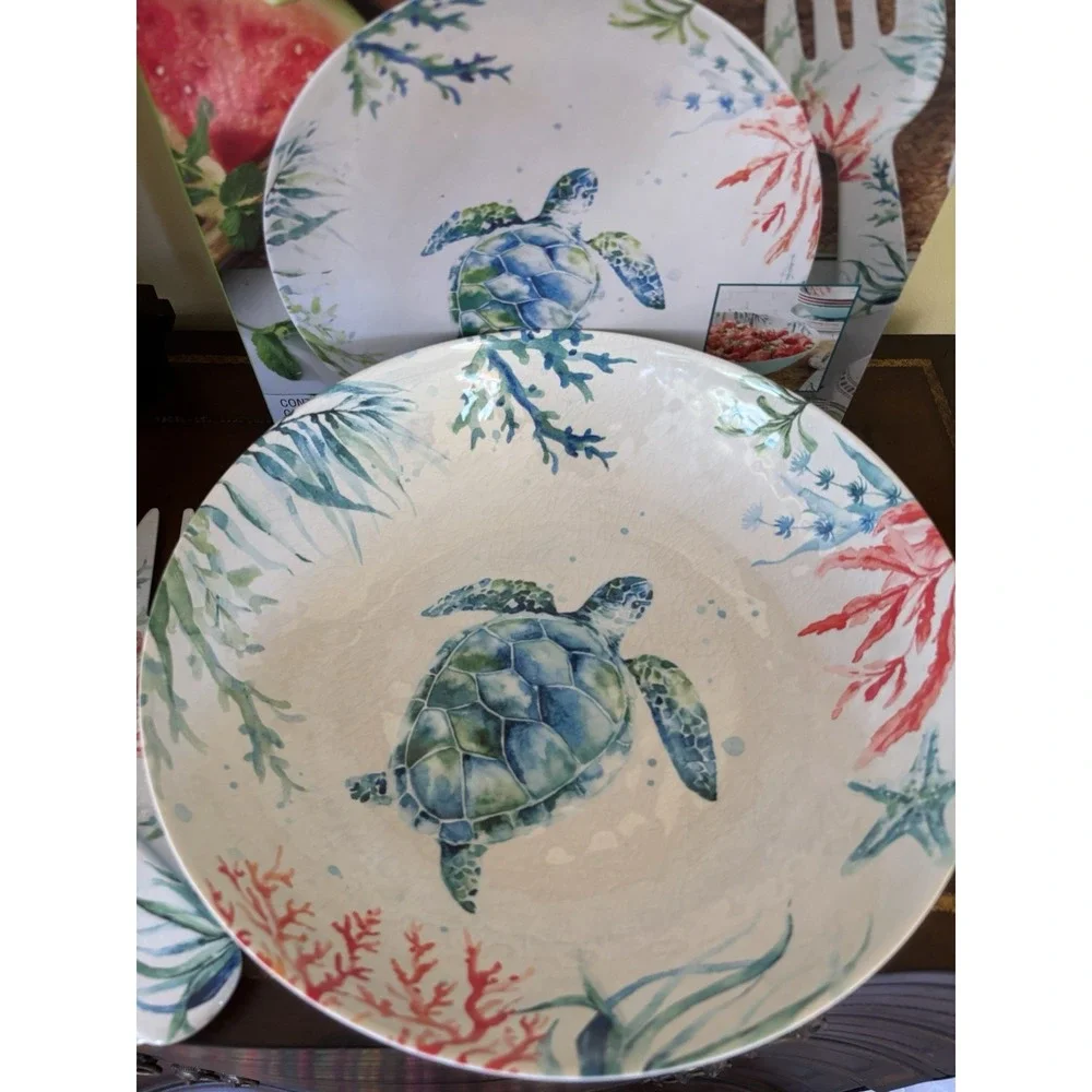 3 Melamine Serving Set Sea Turtle Serving Bowl Serving Utensils Summer Picnic